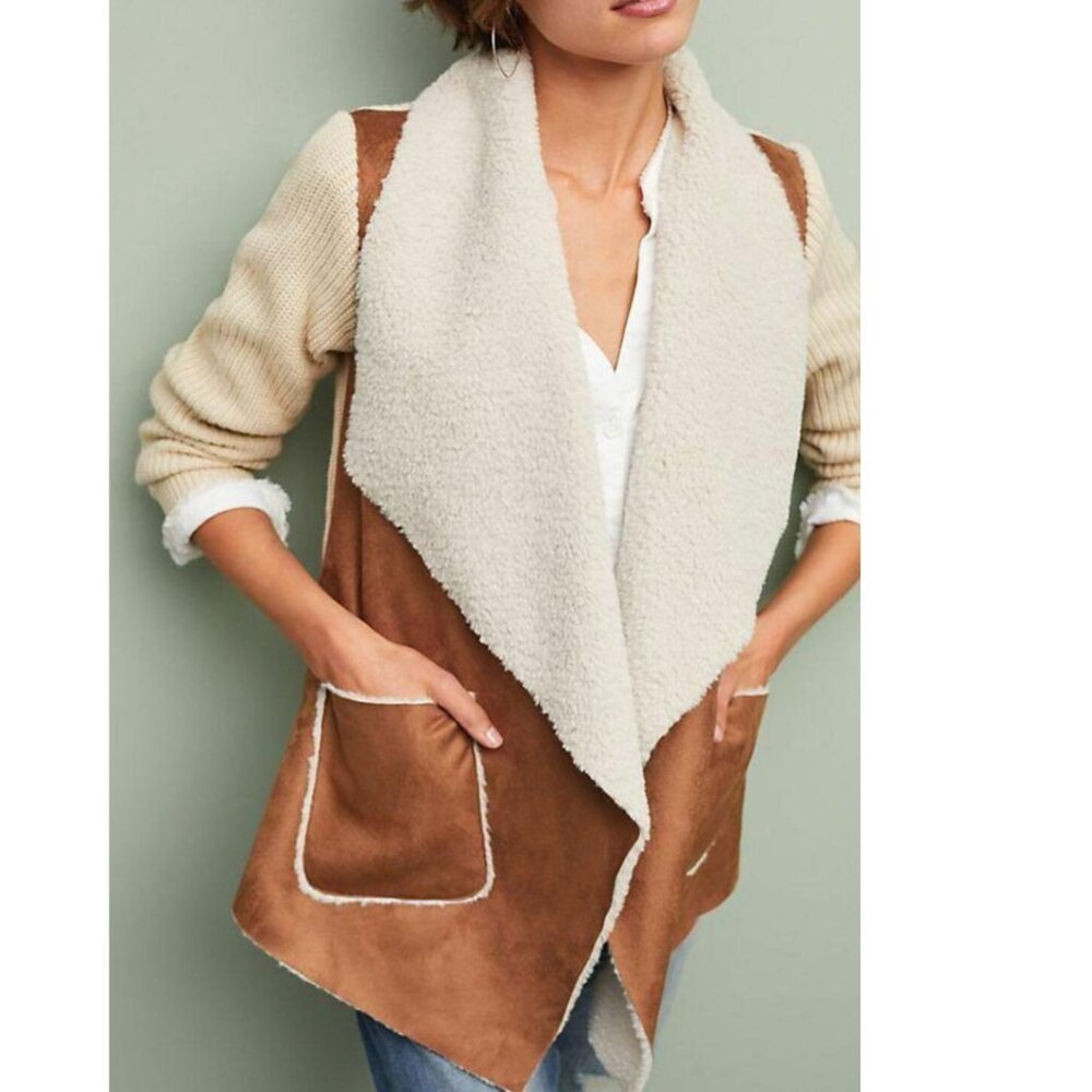 Anthropologie Brown Suede-Look Vest with Cream Sherpa Lining